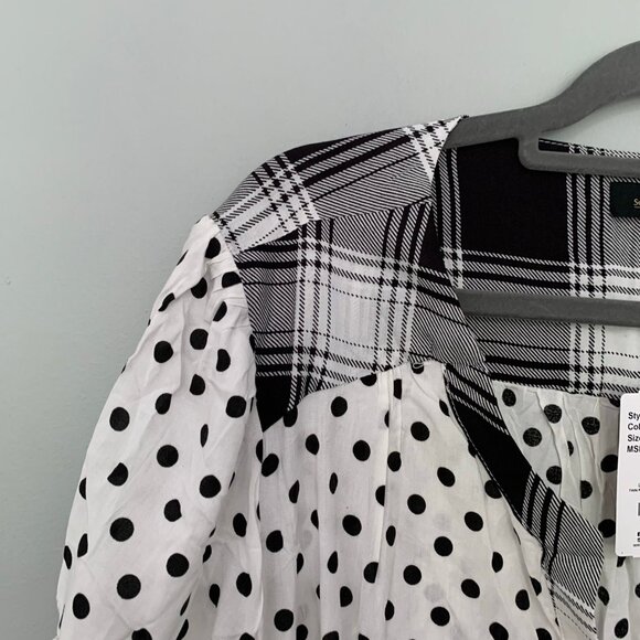 NEW Suzanne Betro retro black white mixed pring collared short sleeve blouse top - Picture 2 of 10